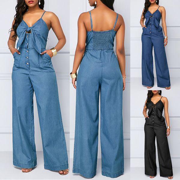 Mulheres Denim Jumpsuits e Macacões Sexy Spaghetti Straps Jeans Largura Perna Playsuits Ladies Casual Bandage V-Neck Jumpsuit para mulheres