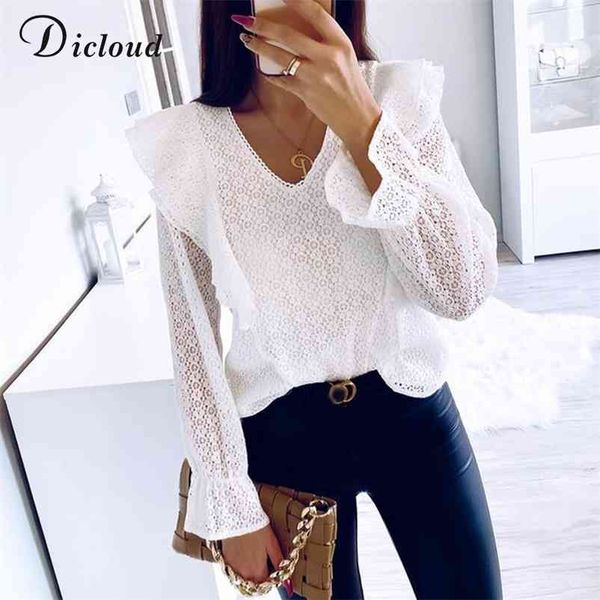 

dicloud lace shirt women spring hollow out black white long sleeve blouses female elegant ruffle clothing ladies 210412