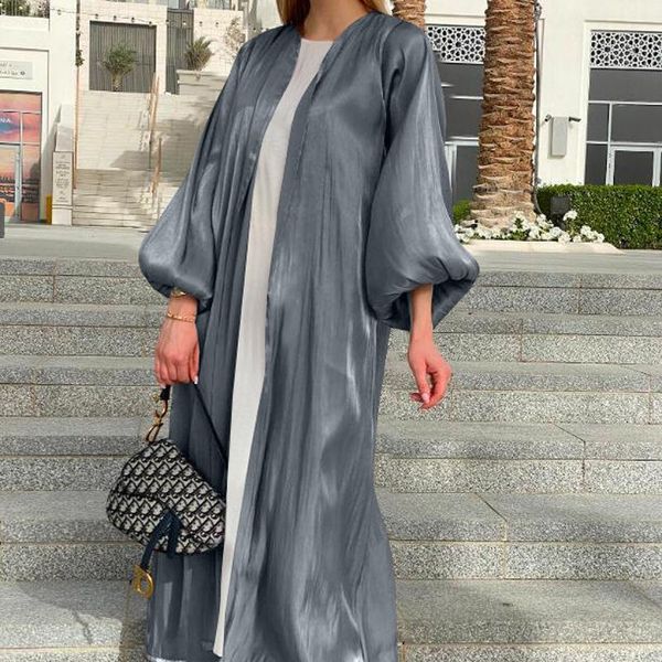 

ethnic clothing 2021 satin abayas for women muslim dress kimono style belted puff sleeves cardigan robes islam modest clothes caftan morocca, Red