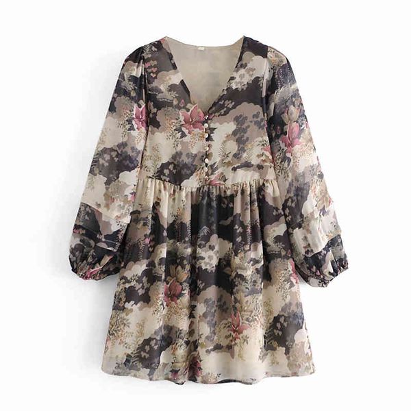 

elegant women v-neck button dresses fashion ladies chiffon puff sleeve vestido chic female chinese style floral print dress 210427, Black;gray