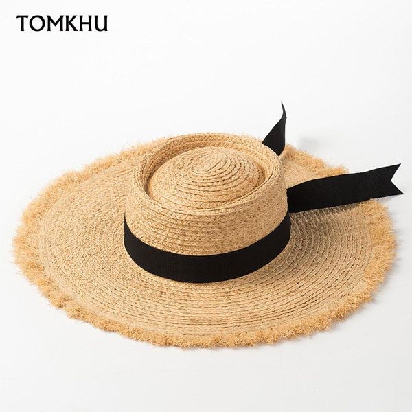 

wide brim hats ladies fashion ring flat black bowknot raffia straw for women summer sunshade beach hat, Blue;gray