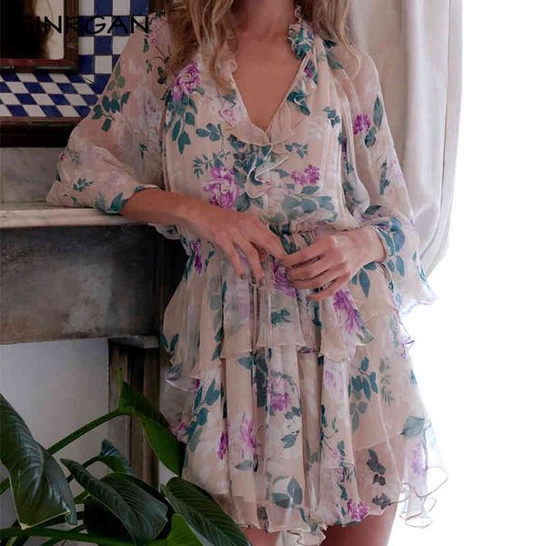 

exclusive print drawstring mini dress vintage women stand ruffle collar chiffon dress lady office beach outfit 210412, Black;gray