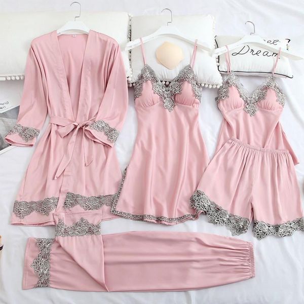 

women womens sleepwears 5pcs sleepwear animal print satin nightgown black silky wedding mini bride bridesmaid robe home dressing, Black;red