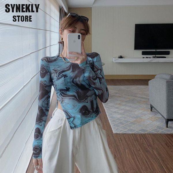 

women's t-shirt 2021 mesh fabric o neck long sleeve women spring fashion tie dye asymmetrical side split casual female slim clothing, White