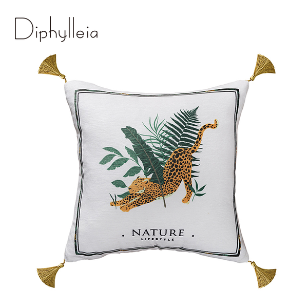 

pillow case diphylleia happy modern cushion cover leopard palm leaf print luxury coussin living room sofa couch with gold tassel