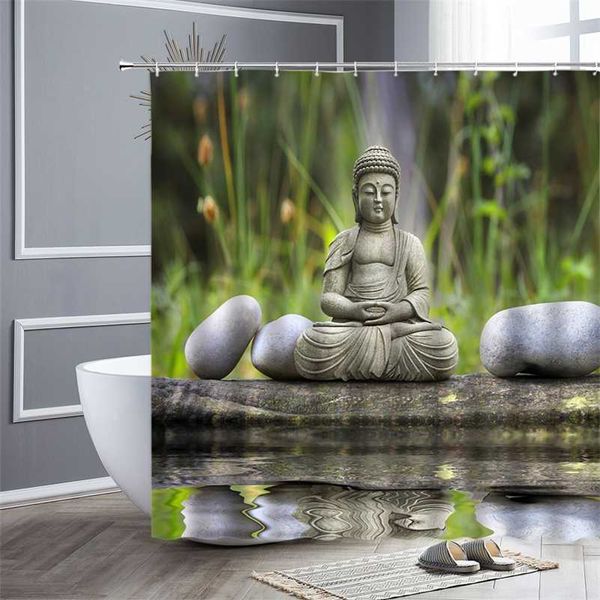 Duschvorhang im chinesischen Stil, Zen-Buddha-Blume, Wasser, grüne Pflanzen, wasserdichter Stoff, Badezimmer-Dekor, Badvorhänge, Badewannen-Bildschirm 211116