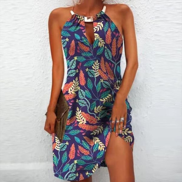 

summer elegant floral print women dresses party vintage iron chain halter hollow out ladies sleeveless beach, Black;gray
