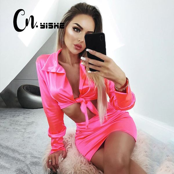 

cnyishe fashion satin 2-piece sets women tracksuits v-neck party outfits long sleeve lace up crop and skirt set costume 210419, White