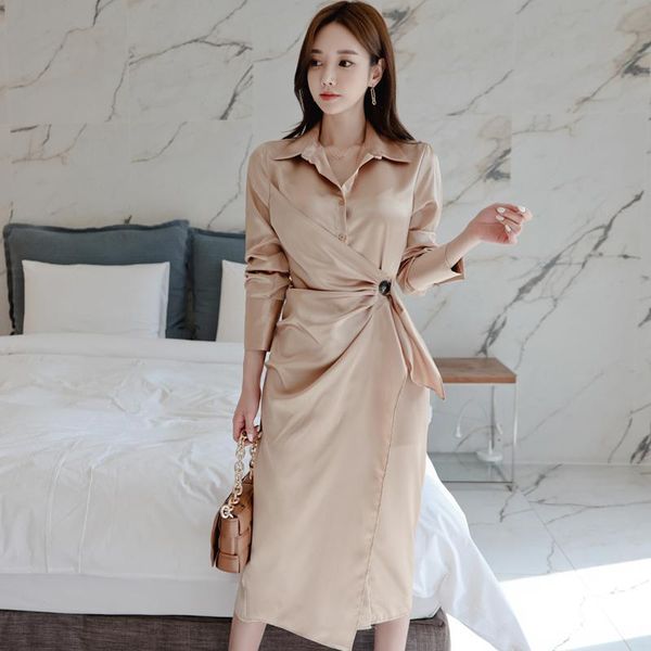 

casual dresses 2021 autumn long sleeved solid turn-down collar high waisted pencil mid-calf women's office dress, Black;gray