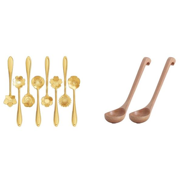 

stainless steel flower coffee spoon dessert 16 pieces with log varnished wooden 2 pcs dinnerware sets