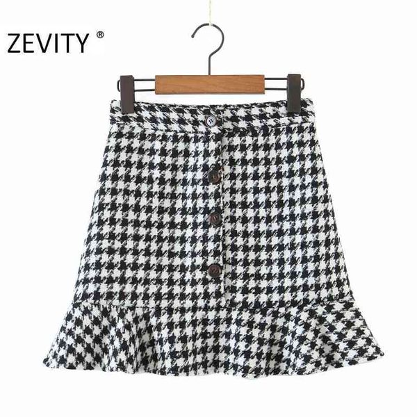 

zevity women vintage houndstooth print hem ruffles casual slim skirt faldas mujer office lady breasted woolen vestido qun704 210419, Black