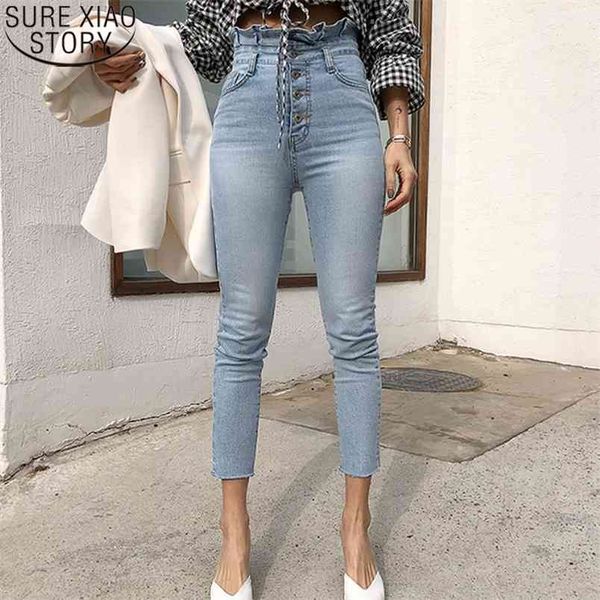 

single-breasted high waist jeans women fashion denim light blue ruffles skinny pants female streetwear trousers 10403 210506, White;black