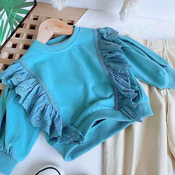 

baby girl sweet lace ruffles long sleeved t shirt girls kids princess sweatshirts clothes children sweaters wear 2 8age, Blue