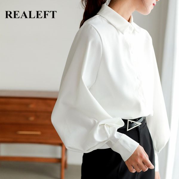 

realeft 2021 new autumn womens shirt female blouse lantern sleeve turn-down collar ol style women loose blouses female, White