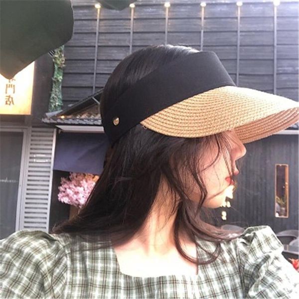 

summer straw cap sun hat visors portable large wide brim casual women outdoor uv protection roll-up bowknot beach hats, Black;white