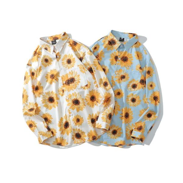 

men's fashion clothes long sleeved loose casual shirts front patch chest pocket floral print turn-down collar, White;black