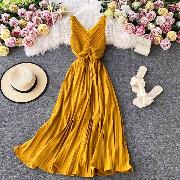 

summer women beach pleated dress v-neck sleeveless high waist big swing yellow/white dresses female fashion robe mujer 210426, Black;gray
