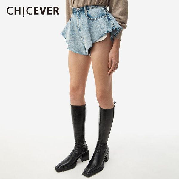 

women's shorts chicever denim for women high waist patchwork pockets plus size solid casual short pants female 2021 summer clothing, White;black