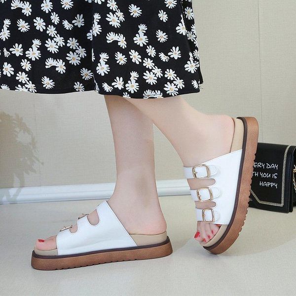 

slippers summer ladies flat belt buckles decoration sandals beach pu shoes, Black