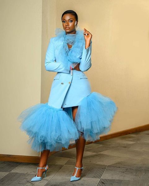 

2023 chic african black girls suits prom dresses with long sleeves sky blue ruffles tea length pageant dress deep v-neck special occasion go