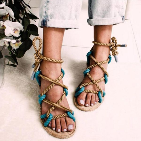 

women sandals lace up 2021 rope rome casuals gladiator cross tied shoes, Black