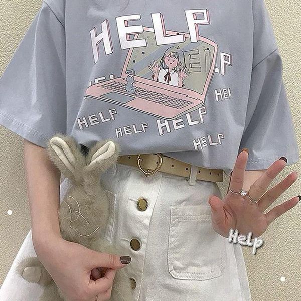 

summer preppy style casual womens t shirt tees loose kawaii harajuku funny printing short sleeve top, White