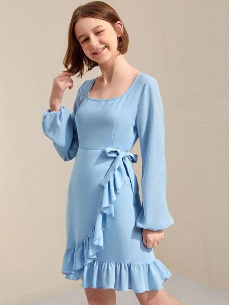 

teen girls knot side lantern sleeve ruffle trim wrap dress she, Red;yellow