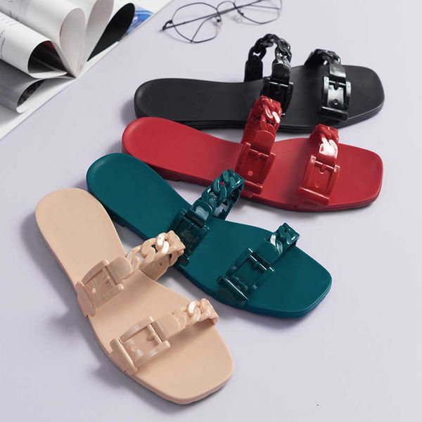 

spring and summer 2021 new g family flat bottomed plastic slippers chain drag beach sandal, fashionable jelly shoes zlh, Black