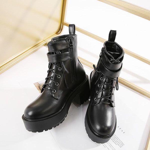 

boots boussac metal buckle high heel women chunky platform black punk motorcycle y2k shoes