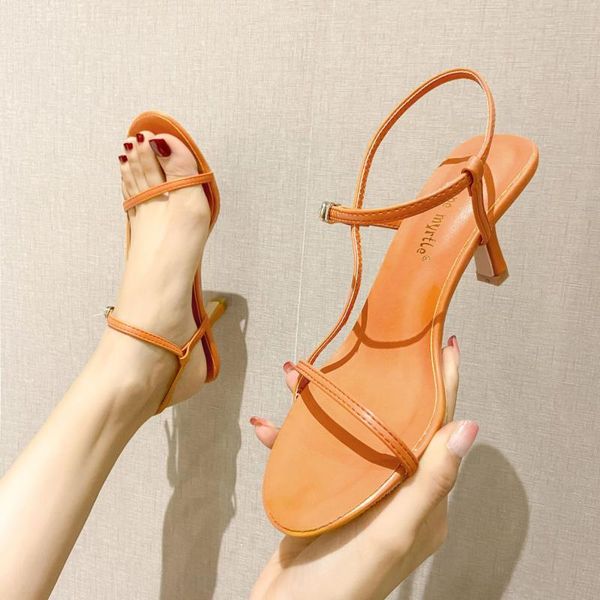 

summer orange narrow band gladiator sandals women open toe high heels shoes white leather sandalias mujer 2021, Black