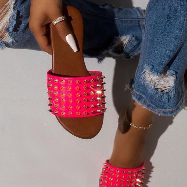 

slippers solid colour rivet women casual open toe slides shoes summer outside beach footwear flat chaussure femme d30, Black