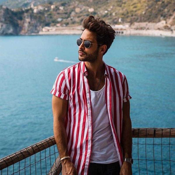 

2021 stripe casual men's short sleeve shirt, Black