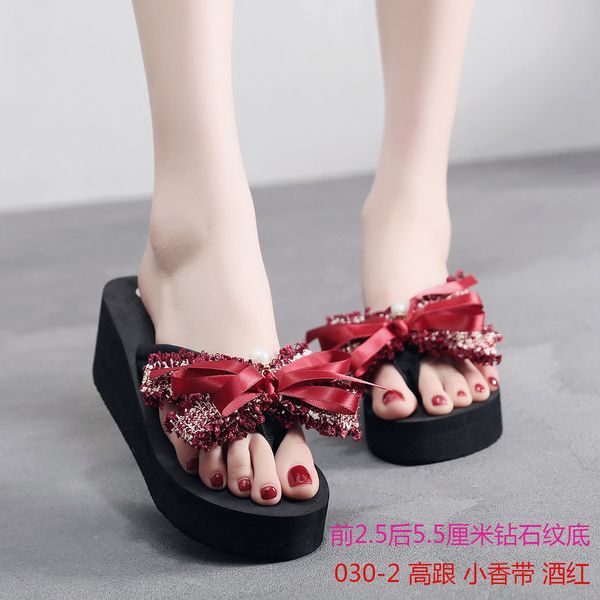 

wedge flip flops summer ladies woman handmade ribbon bow casual slippers non-slip highe heel beach shoes, Black