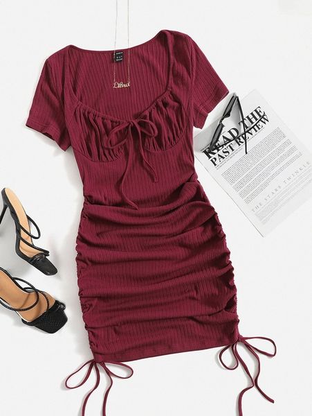 

ruched drawstring side bodycon dress a0wm#, Black;gray