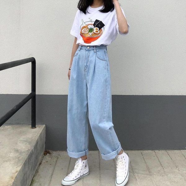

women's jeans spring and autumn loose high-waisted elastic waist light-colored drape straight-leg pants wide leg, Blue
