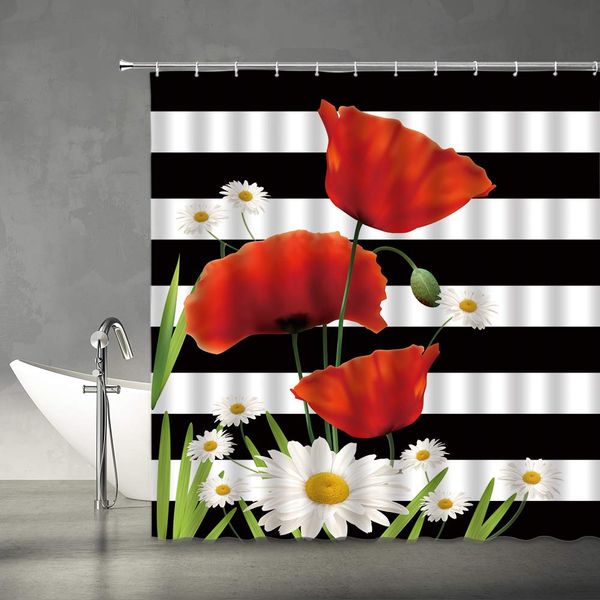 

poppy shower curtain black and white striped flower red poppies white daisy garden rural floral modern fashion fabric bathroom