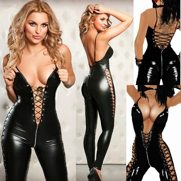 

black patent leather hollow out zipper skinny rompers womens jumpsuit lace bodysuit cosplay plus size women jumpsuit, Black;white