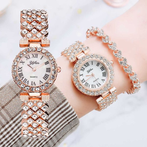 Luxus Frauen Rose Golduhr Mode Damen Quarz Diamant Armbanduhr Elegante Weibliche Armband Uhren 2 stücke Set Reloj Mujer