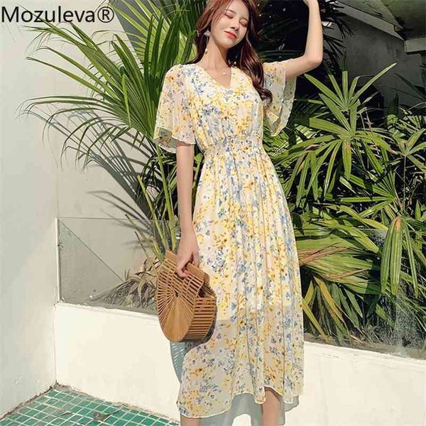 

colorful flower print women short-sleeve chiffon female v-neck holiday beach dress bohe vestidos summer 210416, White