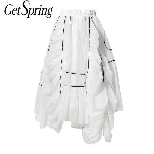 

getspring women skirt irregular mesh a line black white elastic waisted shirring long s for summer s 210601