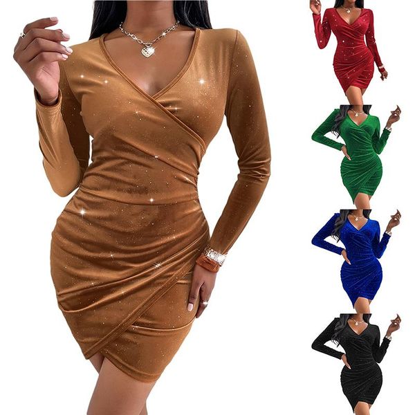 

casual dresses women v-neck sequins dress, long sleeve pleated waist elegant tight fitting solid color gown bodycon, Black;gray