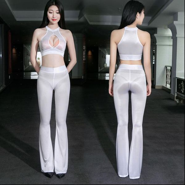 

shiny flare elasticity womens pant smooth hips high waist sheer see through tight color plus size f2, Black;white