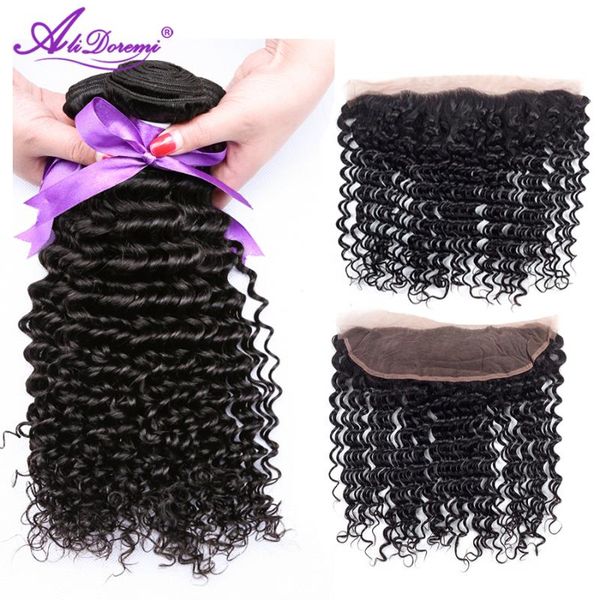 

human hair bulks alidoremi brazilian deep wave 3 bundles with lace frontal closure weave non remy, Black