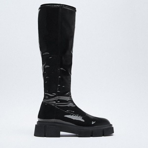

boots zar women's shoes, style, black, elastic, patent leather, flat bottom, high tube, long boots, side zipper, knee-high