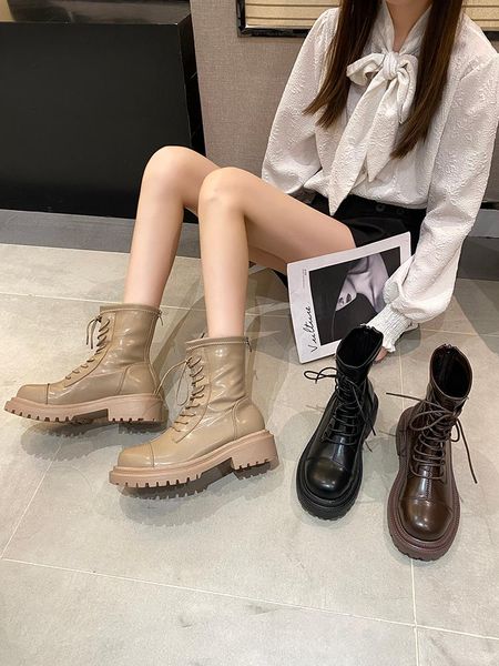 

boots shoes med heel luxury designer round toe zipper boots-women fashion ankle summer 2021 rock ladies autumn rubber cotton fa, Black
