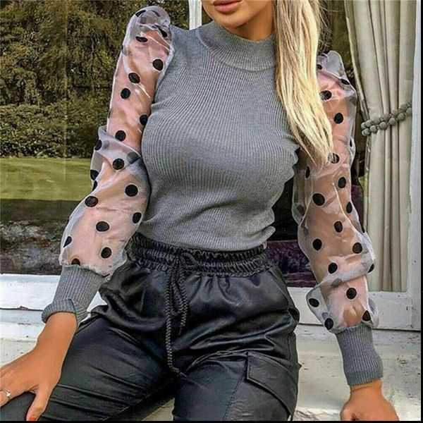 

women shirt fashion sheer mesh puff long sleeve rib knitted ladies polka dots blouse shirts brown gray, White