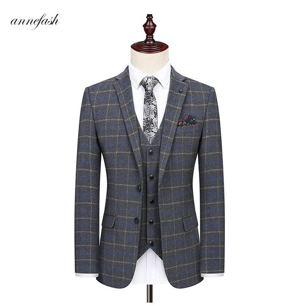 

men's suits & blazers wool woolen light grey windowpane overcheck tweed men suit tailored made wedding 3 piece, White;black