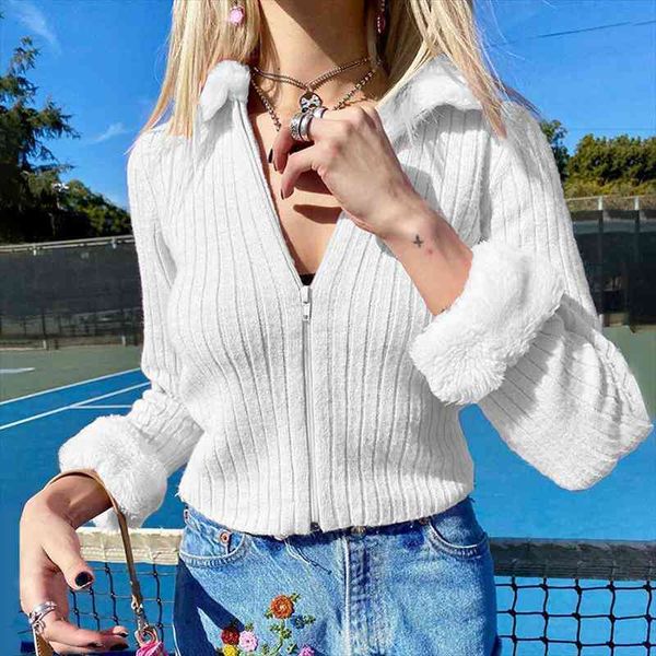 

dewadbow women long sleeve cropped knitwear cardigans fur fluffy neck stitching knit sweater fashion outwear slim fit sweaters, White;black