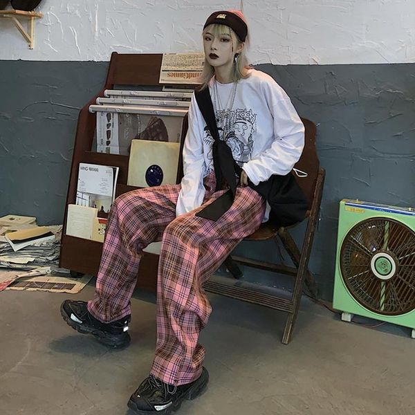 

women's pants & capris goohojio 2021 vintage plaid elastic waist women oversized high pant casual wide leg trousers, Black;white