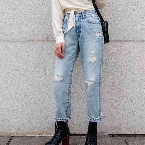 

fashion high waist jeans ripped women spring summer straight hole denim pants all match casual pantalones mujer 210514, Blue
